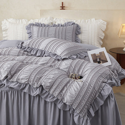 Black Elegant Ruffle Seersucker Duvet Cover with 2PCS Pillow Shams - 3-Piece Vertical Stripe Clipped Floral Textured Bedding (Queen Size 229 x 229 CM)
