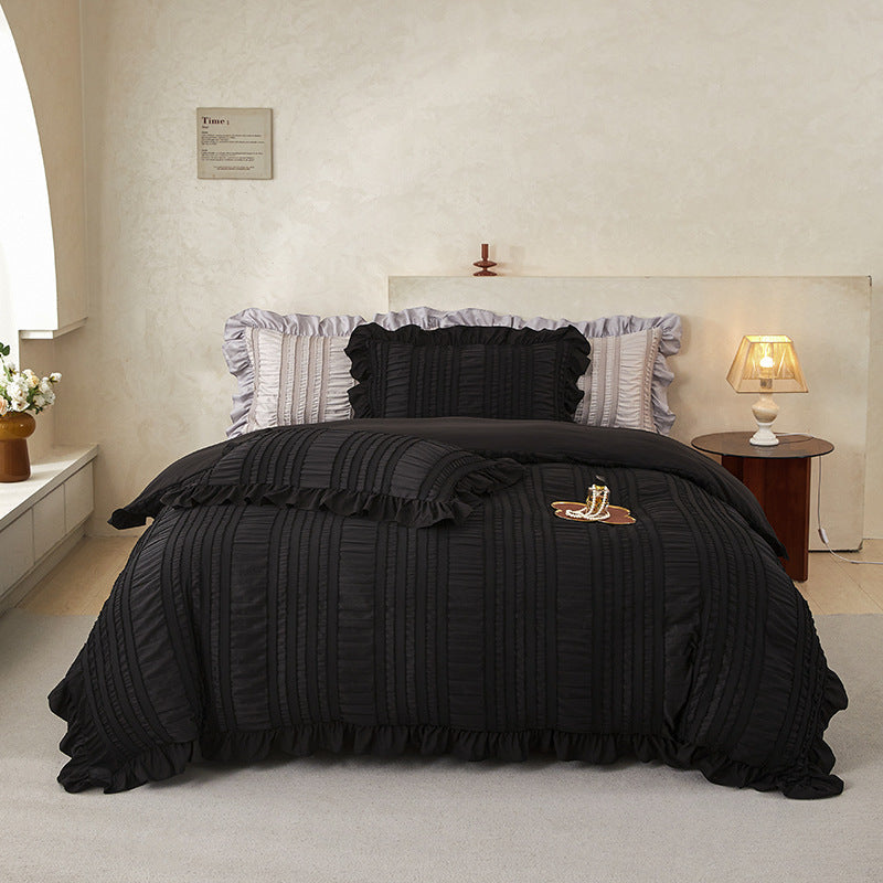 Black Elegant Ruffle Seersucker Duvet Cover with 2PCS Pillow Shams - 3-Piece Vertical Stripe Clipped Floral Textured Bedding (King Size 264 x 229 CM)