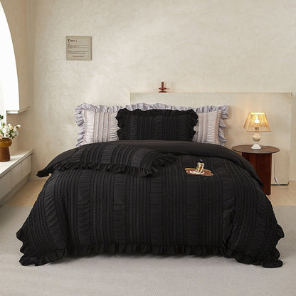 Black Elegant Ruffle Seersucker Duvet Cover with 2PCS Pillow Shams - 3-Piece Vertical Stripe Clipped Floral Textured Bedding (King Size 264 x 229 CM)