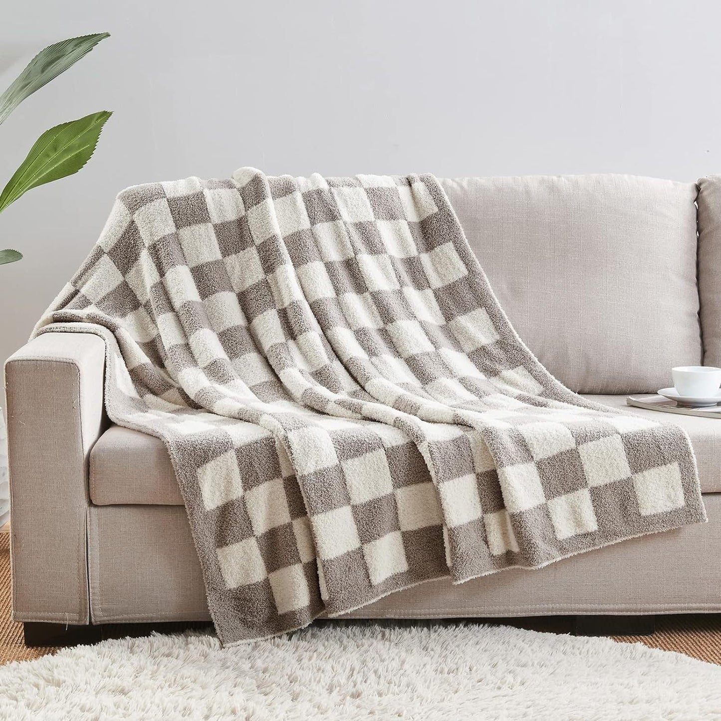Grey and White Premium Knitted Checkerboard Throw Blanket(130 x 150 CM) - Soft Half-Velvet Fleece Nap Blanket, Couch Throw & Office Decorative Wrap