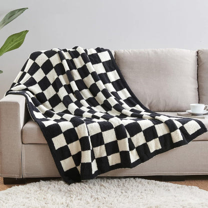 Black and White Premium Knitted Checkerboard Throw Blanket(130 x 150 CM) - Soft Half-Velvet Fleece Nap Blanket, Couch Throw & Office Decorative Wrap