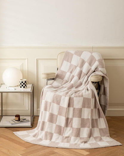 Khaki and White Premium Knitted Checkerboard Throw Blanket(130 x 150 CM) - Soft Half-Velvet Fleece Nap Blanket, Couch Throw & Office Decorative Wrap