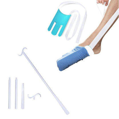 Portable Complete Independent Living Mobility Kit - No-Bend Three Finger Sock Aid & White Extendable 3-in-1 Dressing Hook with Shoe Horn