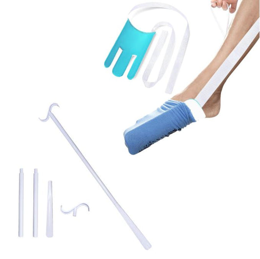 Portable Complete Independent Living Mobility Kit - No-Bend Three Finger Sock Aid & White Extendable 3-in-1 Dressing Hook with Shoe Horn
