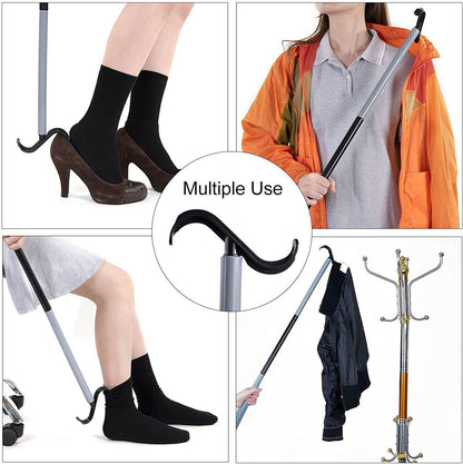 Portable Complete Independent Living Mobility Kit - No-Bend Three Finger Sock Aid & White Extendable 3-in-1 Dressing Hook with Shoe Horn