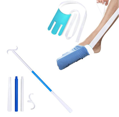 Portable Complete Independent Living Mobility Kit - No-Bend Three Finger Sock Aid & Blue Extendable 3-in-1 Dressing Hook with Shoe Horn