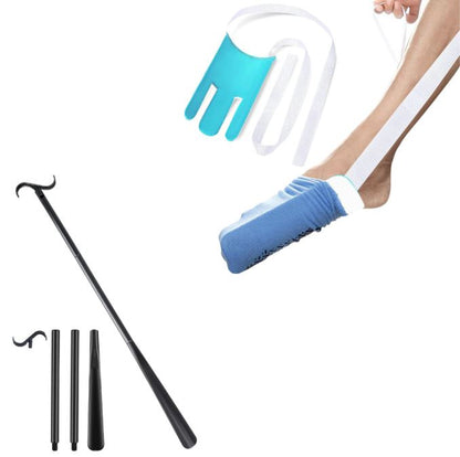 Portable Complete Independent Living Mobility Kit - No-Bend Three Finger Sock Aid & Black Extendable 3-in-1 Dressing Hook with Shoe Horn