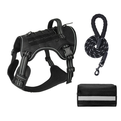 3-Piece Black Tactical Dog Harness Set (S Size) - Heavy Duty No-Pull Vest with Detachable Tactical Pouch & Climbing Rope Leash