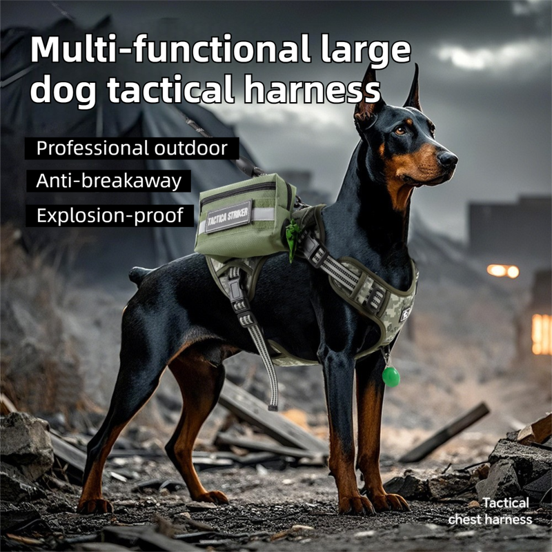 3-Piece Black Tactical Dog Harness Set (M Size) - Heavy Duty No-Pull Vest with Detachable Tactical Pouch & Climbing Rope Leash