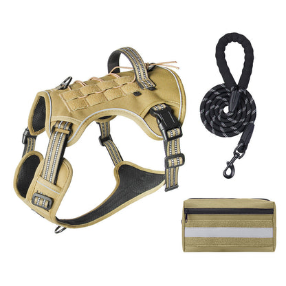 3-Piece Khaki Tactical Dog Harness Set (L Size) - Heavy Duty No-Pull Vest with Detachable Tactical Pouch & Climbing Rope Leash