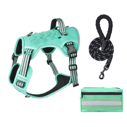 3-Piece Green Tactical Dog Harness Set (M Size) - Heavy Duty No-Pull Vest with Detachable Tactical Pouch & Climbing Rope Leash