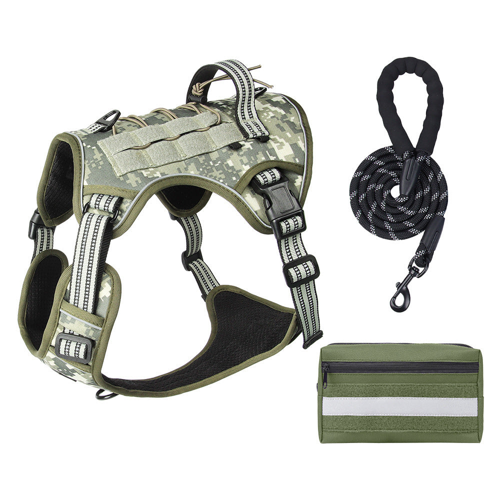 3-Piece Camouflage Tactical Dog Harness Set (M Size) - Heavy Duty No-Pull Vest with Detachable Tactical Pouch & Climbing Rope Leash