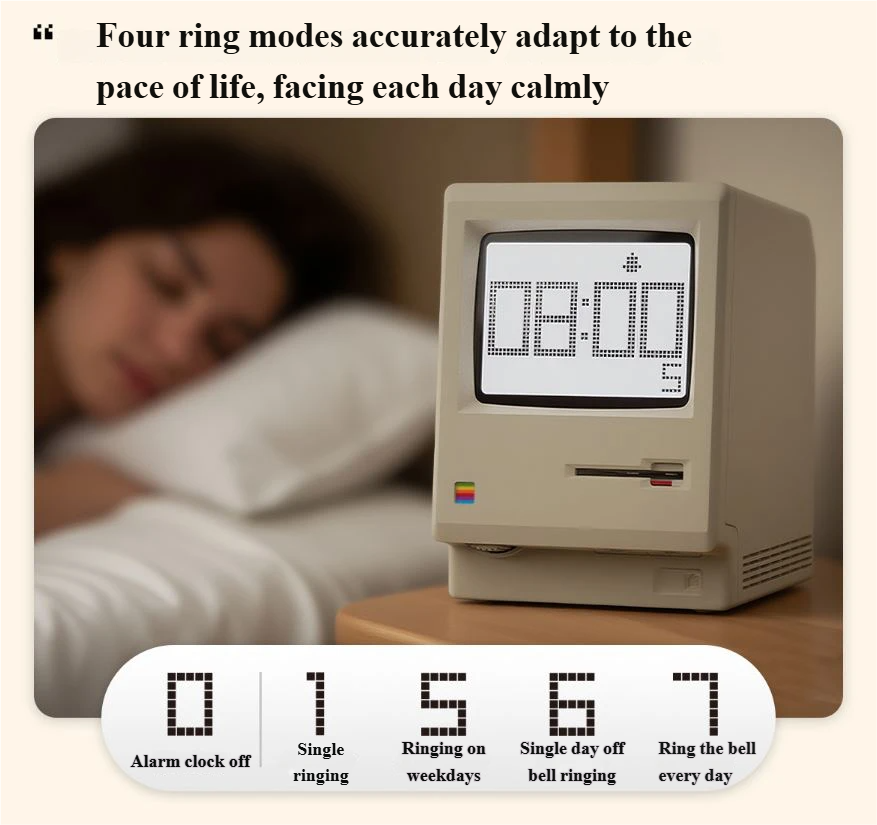 Retro Computer Style Desktop Maclock - Interactive Floppy Disk Switch, 5 Alarm Settings, 3 Display Modes and Stepless Brightness Control