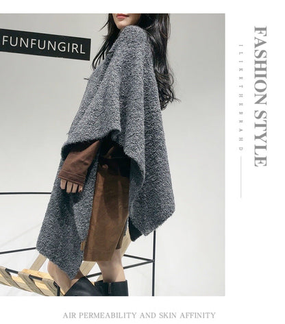 Grey Premium Knitted Wool Blend Poncho - Elegant Thickened Drape Shawl & Cape Cardigan Coat