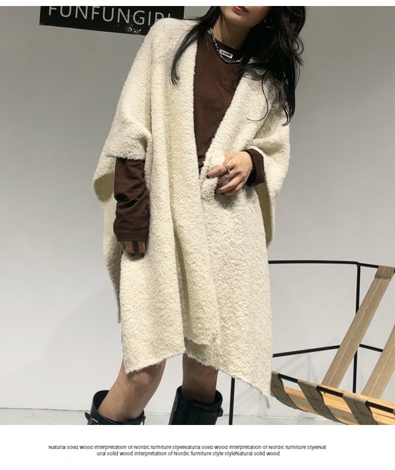 Beige Premium Knitted Wool Blend Poncho - Elegant Thickened Drape Shawl & Cape Cardigan Coat