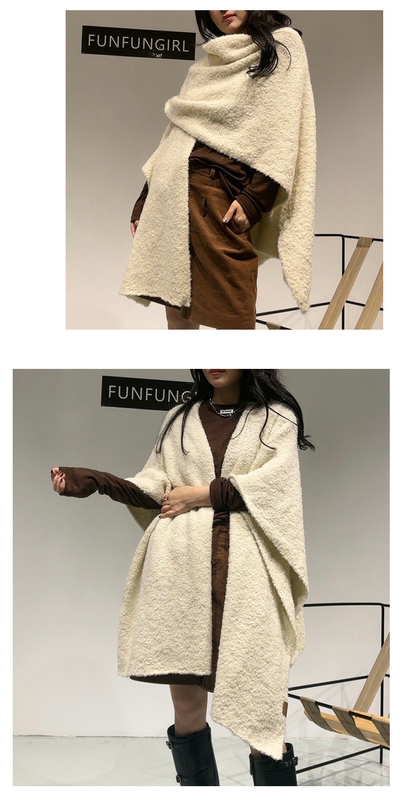 Beige Premium Knitted Wool Blend Poncho - Elegant Thickened Drape Shawl & Cape Cardigan Coat