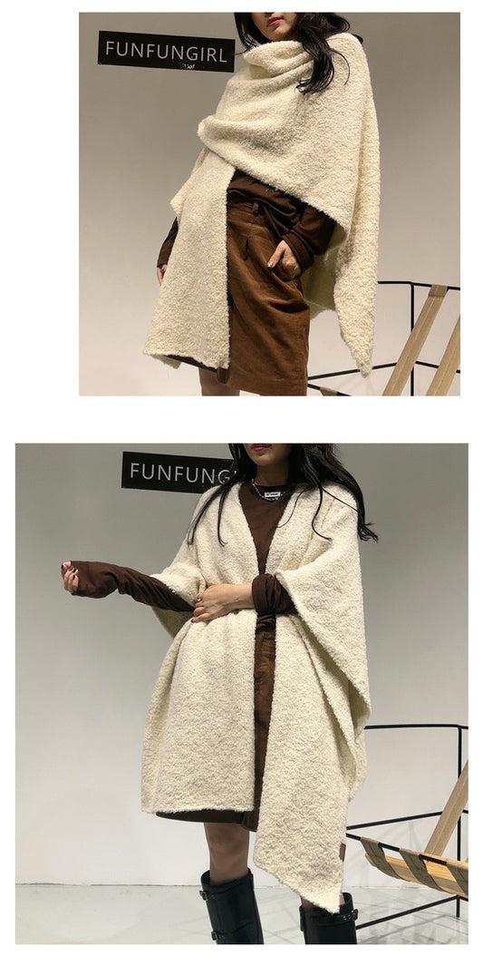 Beige Premium Knitted Wool Blend Poncho - Elegant Thickened Drape Shawl & Cape Cardigan Coat