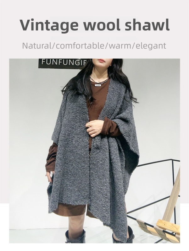 Beige Premium Knitted Wool Blend Poncho - Elegant Thickened Drape Shawl & Cape Cardigan Coat