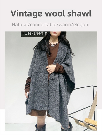 Beige Premium Knitted Wool Blend Poncho - Elegant Thickened Drape Shawl & Cape Cardigan Coat