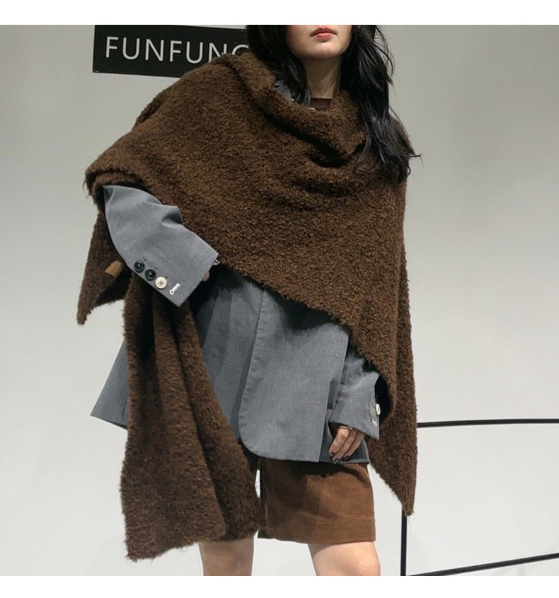 Brown Premium Knitted Wool Blend Poncho - Elegant Thickened Drape Shawl & Cape Cardigan Coat