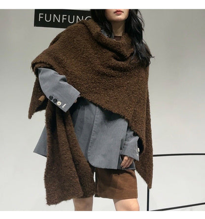 Brown Premium Knitted Wool Blend Poncho - Elegant Thickened Drape Shawl & Cape Cardigan Coat