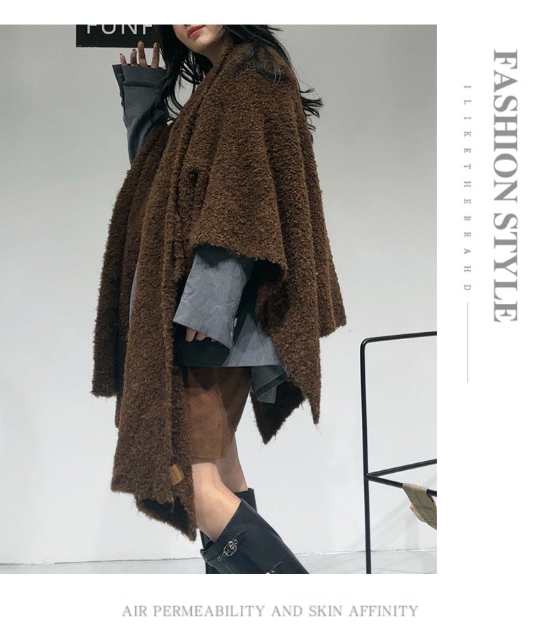 Brown Premium Knitted Wool Blend Poncho - Elegant Thickened Drape Shawl & Cape Cardigan Coat