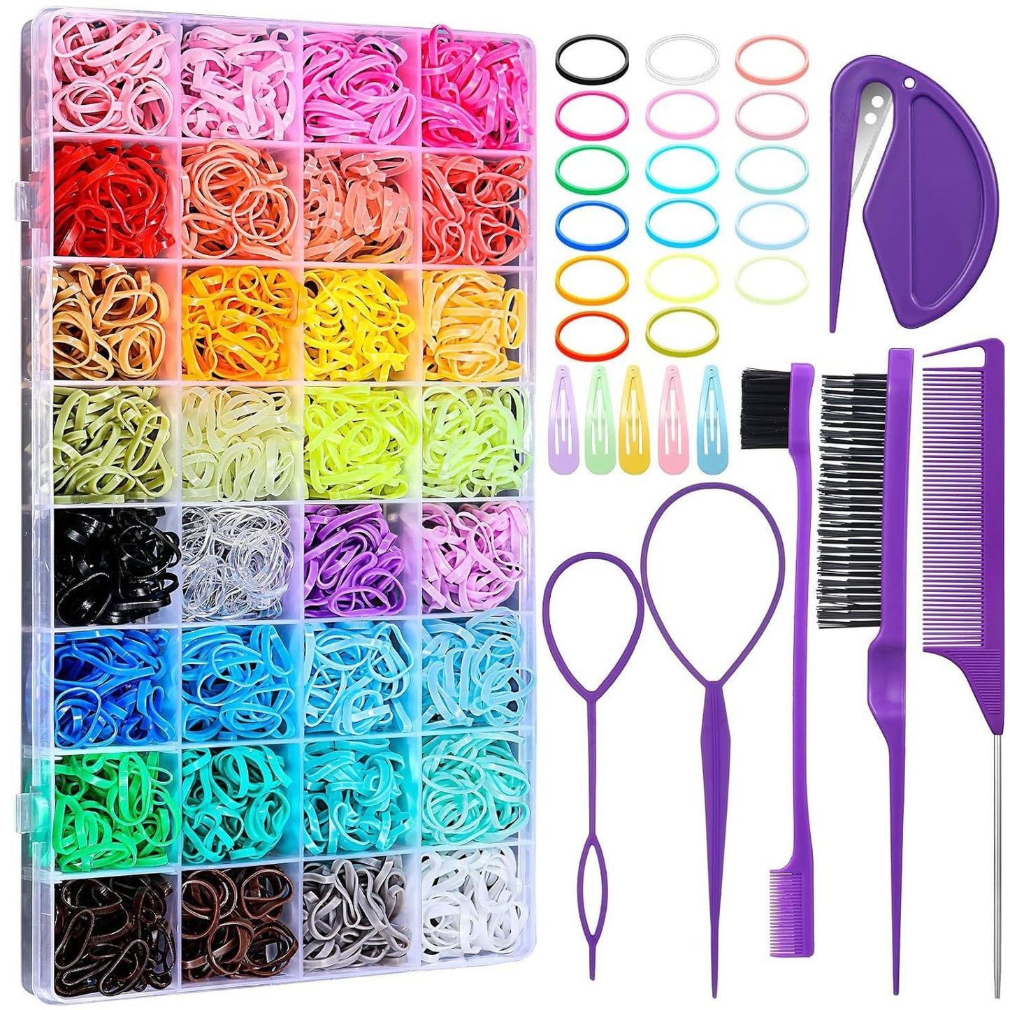 2000PCS Candy Macaron Soft Elastic Hair Ties (32-Color) + 11PCS Hair Styling Tools Set with Storage Case for Toddlers & Girls