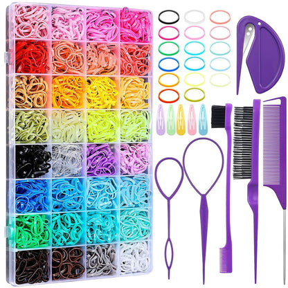 2000PCS Candy Macaron Soft Elastic Hair Ties (32-Color) + 11PCS Hair Styling Tools Set with Storage Case for Toddlers & Girls