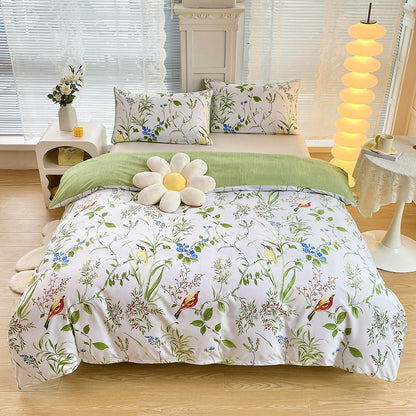 4-Piece Elegant Green Bouquet Printed Soft-Touch Brushed Bedding Set for 1.5M Bed: 175 x 220 CM Duvet Cover, 150 x 200 (+25) CM Deep Pocket Fitted Sheet & 2PC 50 x 75 CM Pillowcases