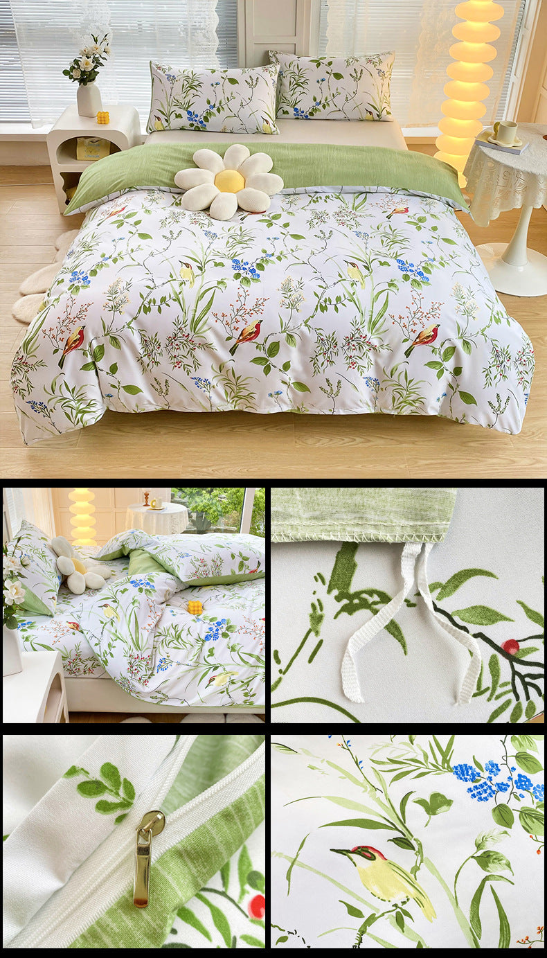 4-Piece Elegant Green Bouquet Printed Soft-Touch Brushed Bedding Set for 1.5M Bed: 175 x 220 CM Duvet Cover, 150 x 200 (+25) CM Deep Pocket Fitted Sheet & 2PC 50 x 75 CM Pillowcases