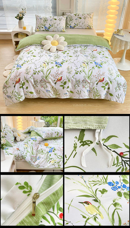 4-Piece Elegant Green Bouquet Printed Soft-Touch Brushed Bedding Set for 1.5M Bed: 175 x 220 CM Duvet Cover, 150 x 200 (+25) CM Deep Pocket Fitted Sheet & 2PC 50 x 75 CM Pillowcases