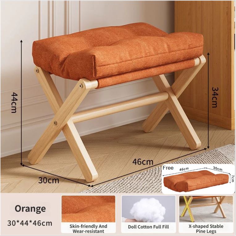 Orange Foldable Ottoman & Padded Footstool with Velcro Stability & Spare Cusion - Cotton Linen Portable Office Leg Rest & Entryway Shoe Stool