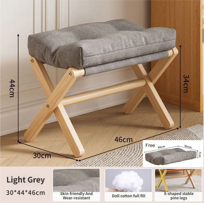Light Grey Foldable Ottoman & Padded Footstool with Velcro Stability & Spare Cusion - Cotton Linen Portable Office Leg Rest & Entryway Shoe Stool
