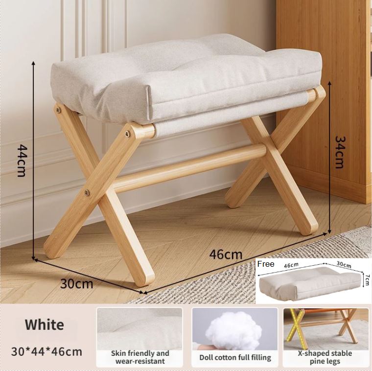 White Foldable Ottoman & Padded Footstool with Velcro Stability & Spare Cusion - Cotton Linen Portable Office Leg Rest & Entryway Shoe Stool