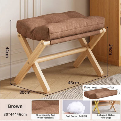 Brown Foldable Ottoman & Padded Footstool with Velcro Stability & Spare Cusion - Cotton Linen Portable Office Leg Rest & Entryway Shoe Stool