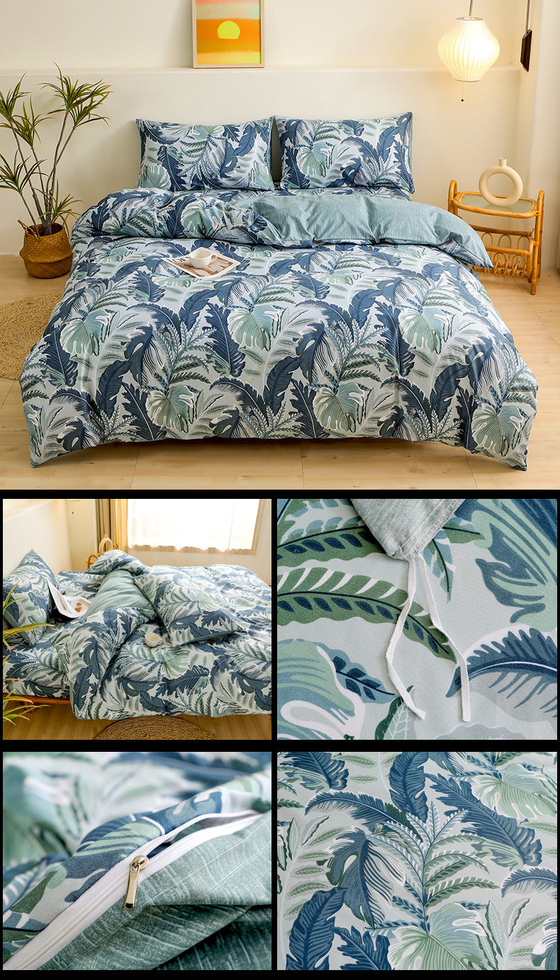 4-Piece Tropical Jungle Printed Soft-Touch Brushed Bedding Set for 1.8M Bed: 200 x 230 CM Duvet Cover, 180 x 200 (+25) CM Deep Pocket Fitted Sheet & 2PC 50 x 75 CM Pillowcases