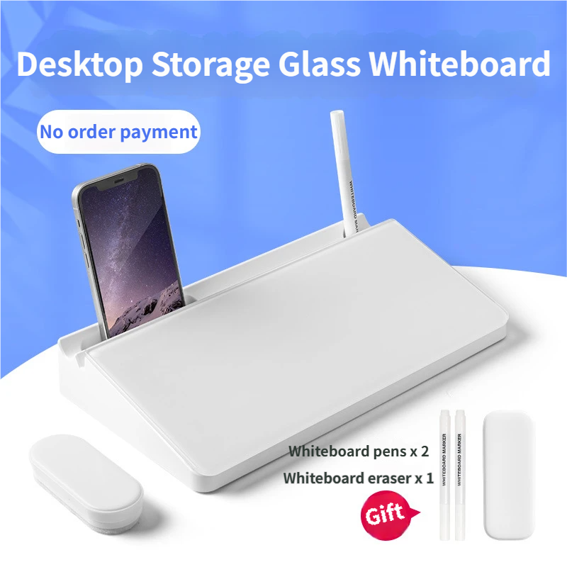 White Slanted Glass Memo Board & Desktop Organizer with 2 Markers & Residue-Free Eraser - Computer Keyboard Stand Dry Erase Notepad