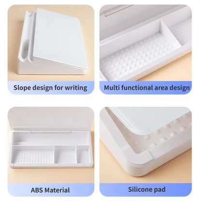 White Slanted Glass Memo Board & Desktop Organizer with 2 Markers & Residue-Free Eraser - Computer Keyboard Stand Dry Erase Notepad