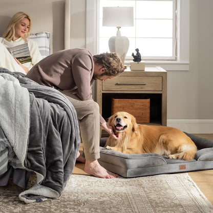 Grey Waterproof Egg-Crate Foam Therapeutic Pet Sofa Bed and Fleece Lounge (M Size 74 x 53 x 17 CM) - Low Entry, High Bolster Support & Zipper Removable Cover