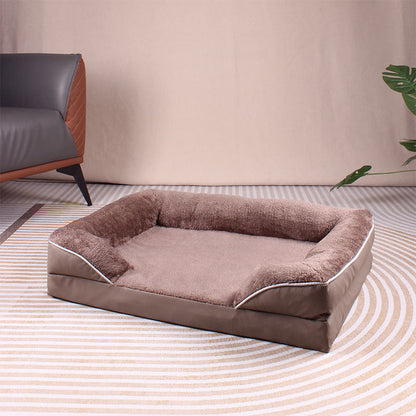 Brown Waterproof Egg-Crate Foam Therapeutic Pet Sofa Bed and Fleece Lounge (M Size 74 x 53 x 17 CM) - Low Entry, High Bolster Support & Zipper Removable Cover
