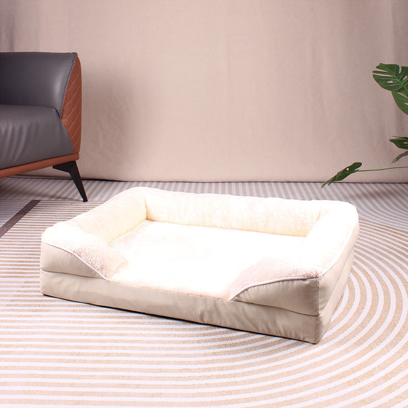 Beige Waterproof Egg-Crate Foam Therapeutic Pet Sofa Bed and Fleece Lounge (M Size 74 x 53 x 17 CM) - Low Entry, High Bolster Support & Zipper Removable Cover