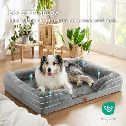 Beige Waterproof Egg-Crate Foam Therapeutic Pet Sofa Bed and Fleece Lounge (L Size 91 x 69 x 17 CM) - Low Entry, High Bolster Support & Zipper Removable Cover