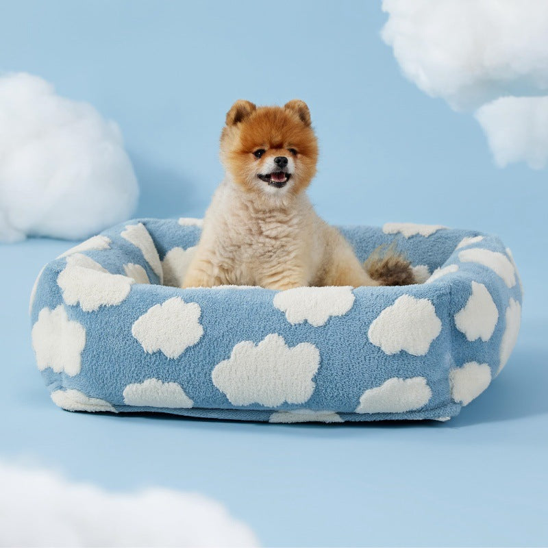 76x60x20 CM Cute Square Plush Pet Bed with Removable Cover & 5 Bolsters Support - Blue Sky and White Clouds Machine Washable Calming Dog & Cat Sofa