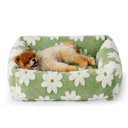 76x60x20 CM Cute Square Plush Pet Bed with Removable Cover & 5 Bolsters Support - Green Daisies Machine Washable Calming Dog & Cat Sofa