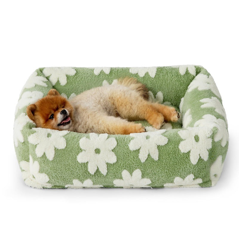91x68x20 CM Cute Square Plush Pet Bed with Removable Cover & 5 Bolsters Support - Green Daisies Machine Washable Calming Dog & Cat Sofa