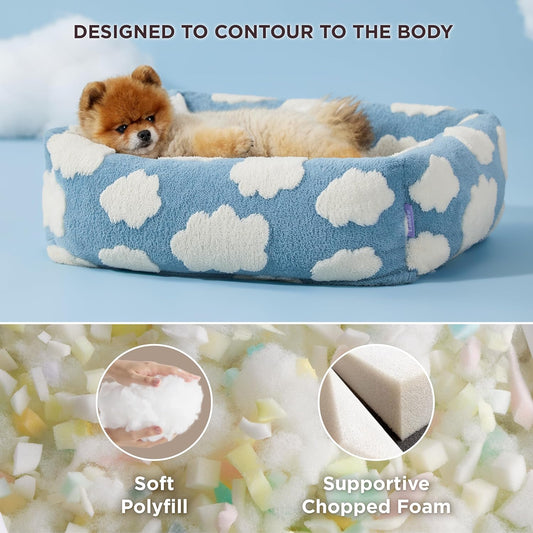 63x53x17 CM Cute Square Plush Pet Bed with Removable Cover & 5 Bolsters Support - Purple Plaid Machine Washable Calming Dog & Cat Sofa