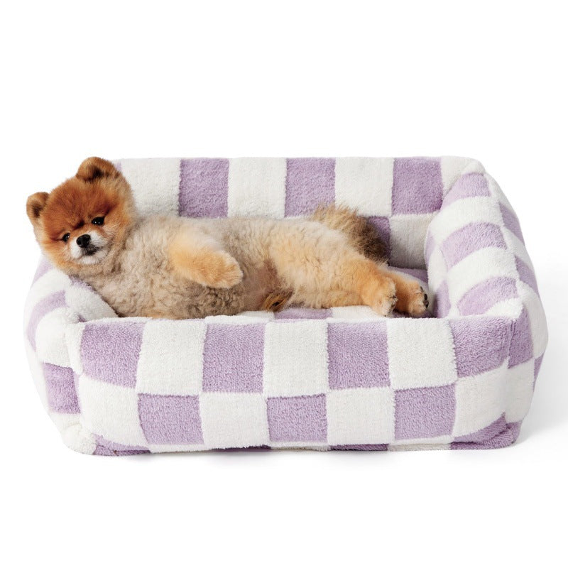 76x60x20 CM Cute Square Plush Pet Bed with Removable Cover & 5 Bolsters Support - Purple Plaid Machine Washable Calming Dog & Cat Sofa