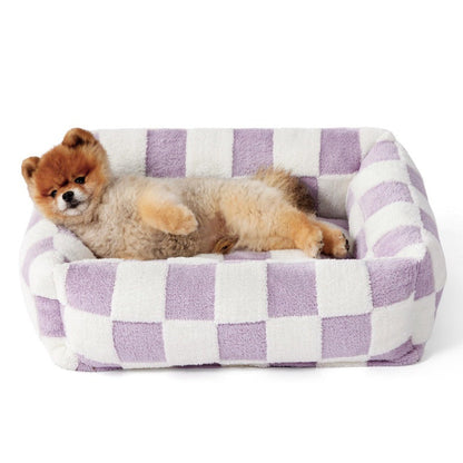 76x60x20 CM Cute Square Plush Pet Bed with Removable Cover & 5 Bolsters Support - Purple Plaid Machine Washable Calming Dog & Cat Sofa