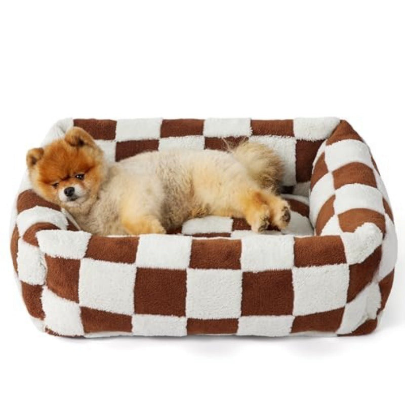 50x48x15 CM Cute Square Plush Pet Bed with Removable Cover & 5 Bolsters Support - Brown Plaid Machine Washable Calming Dog & Cat Sofa