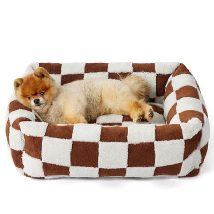 63x53x17 CM Cute Square Plush Pet Bed with Removable Cover & 5 Bolsters Support - Brown Plaid Machine Washable Calming Dog & Cat Sofa